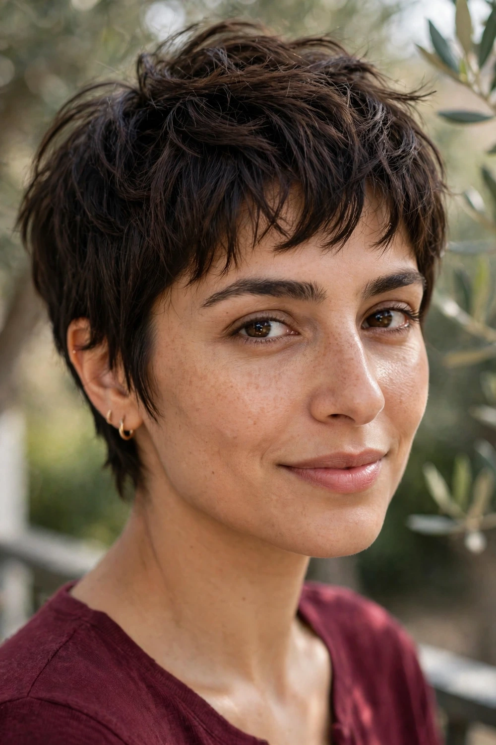 Middle Eastern woman in her late 20s with olive skin wearing a textured pixie with choppy point-cut layers in dark brown hair