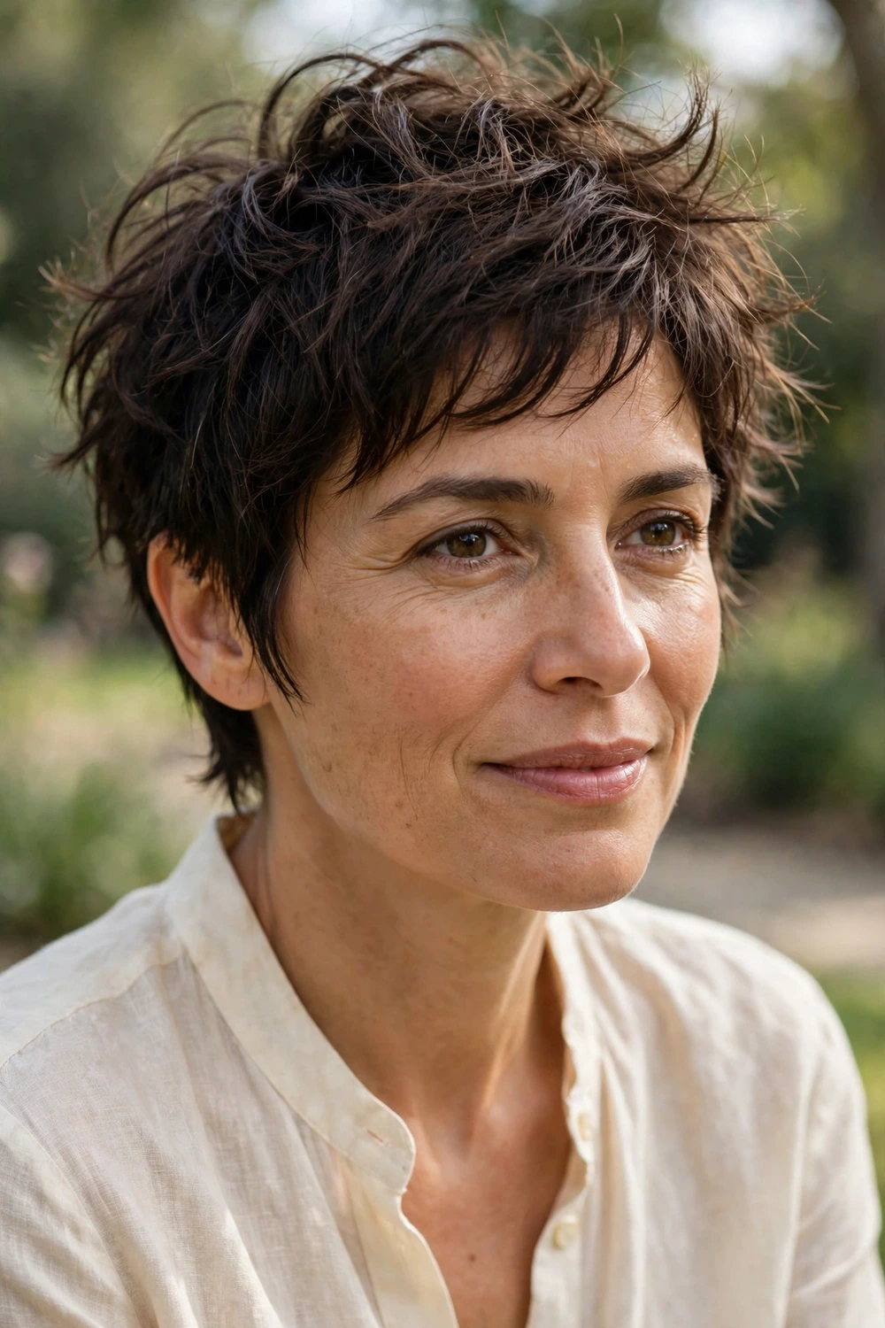 Woman in her early 40s with medium olive skin wearing a tousled pixie with visibly messy tousled texture in dark brown hair
