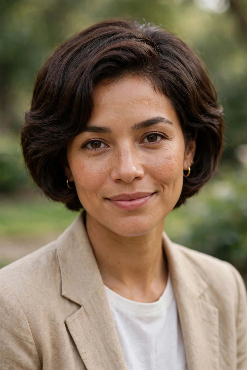 Woman in her early 30s wearing a trixie cut, between a pixie and a bob with a soft sculptural shape in dark brown hair