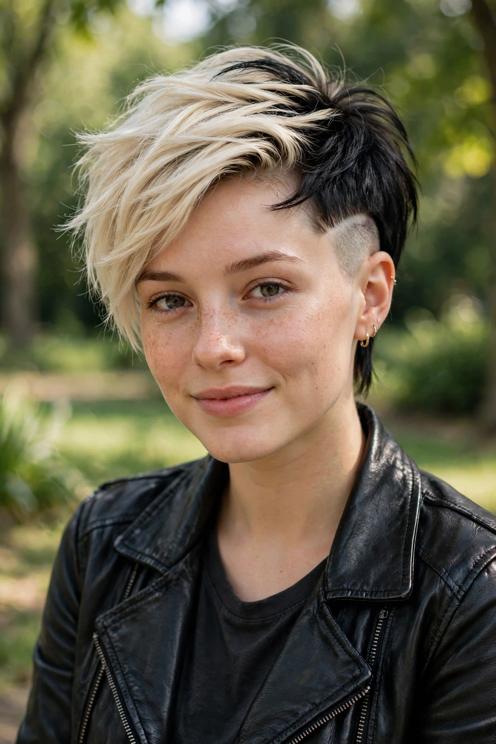 Young woman in her mid 20s wearing an undercut pixie with closely cropped shaved sides and longer textured top with a platinum blonde section