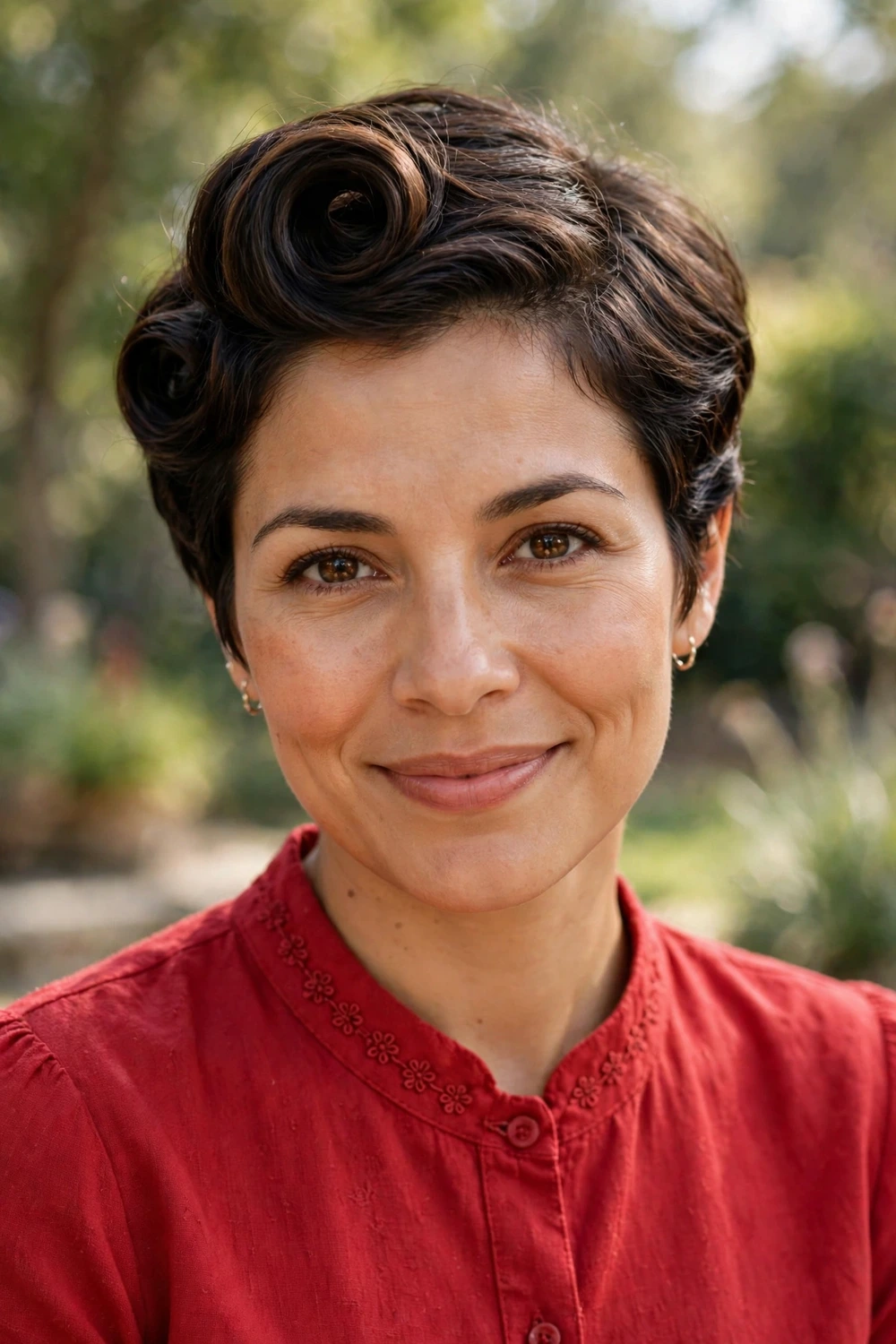 Latina woman in her mid 30s wearing a pixie styled with a retro victory roll at the front in dark brown hair