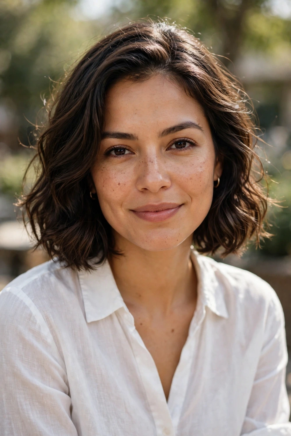 Latina woman in her late 20s with warm olive skin wearing a relaxed wavy bob with soft loose bends at chin length