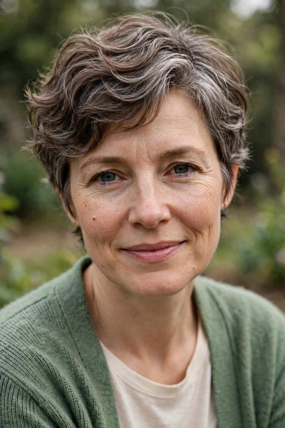 Woman in her mid 40s wearing a wavy pixie with soft loose waves through the longer top in gray-streaked brown hair
