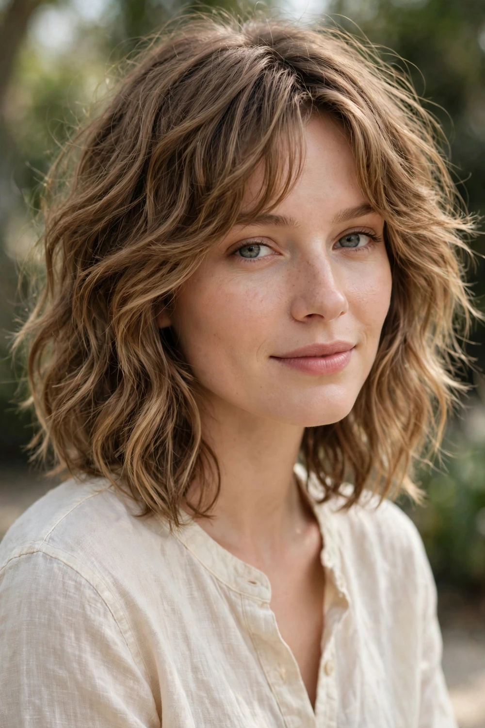 Woman in her late 20s wearing a wavy shag with layered waves and a beachy effortless look in sandy brown hair