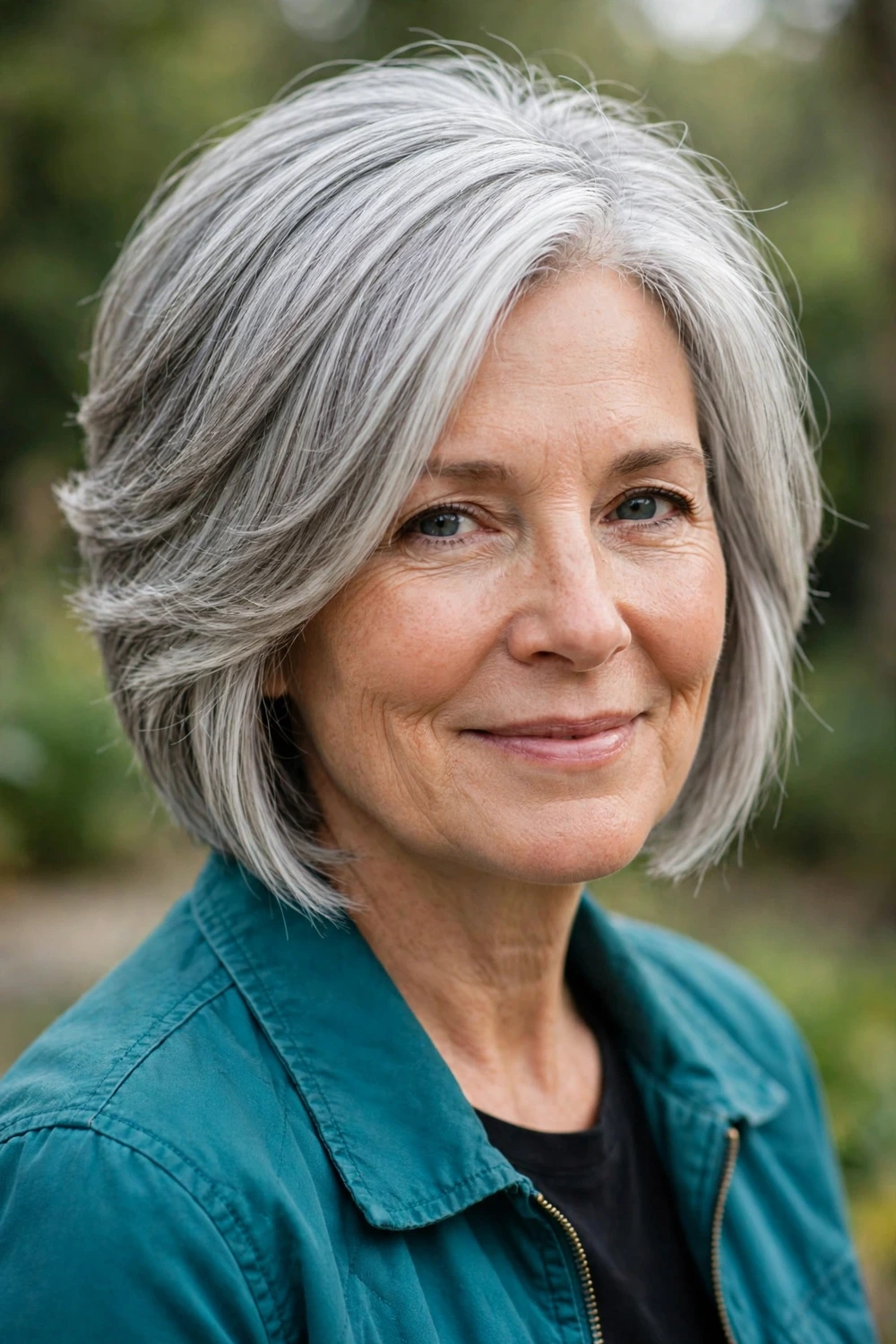 Woman in her late 50s wearing a wedge cut with stacked graduated layers at the back and longer front pieces in silver-gray hair