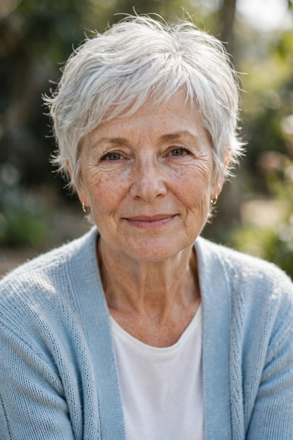 Older woman in her early 60s wearing a wispy pixie with light airy feathered layers in soft silver-white hair