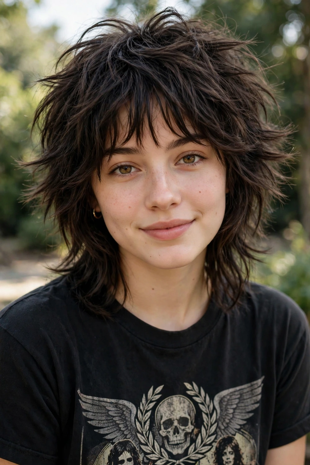 Young woman in her early 20s wearing a wolf cut with heavy shaggy layers and a tapered fringe in dark brown hair
