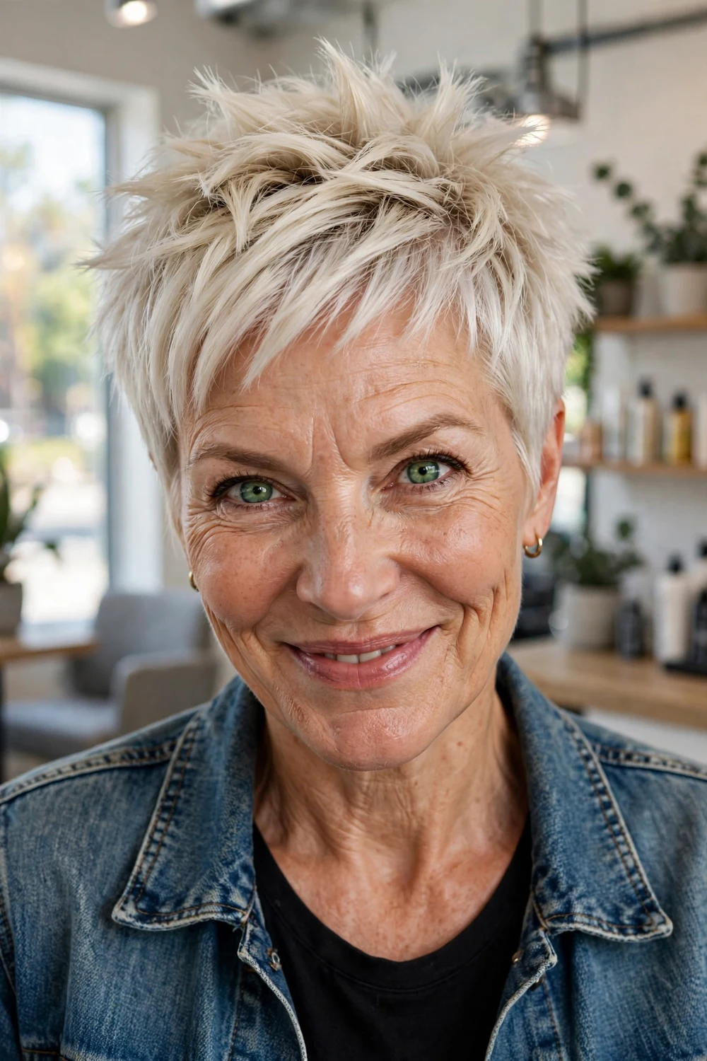 Woman over 50 with modern spiky platinum choppy pixie
