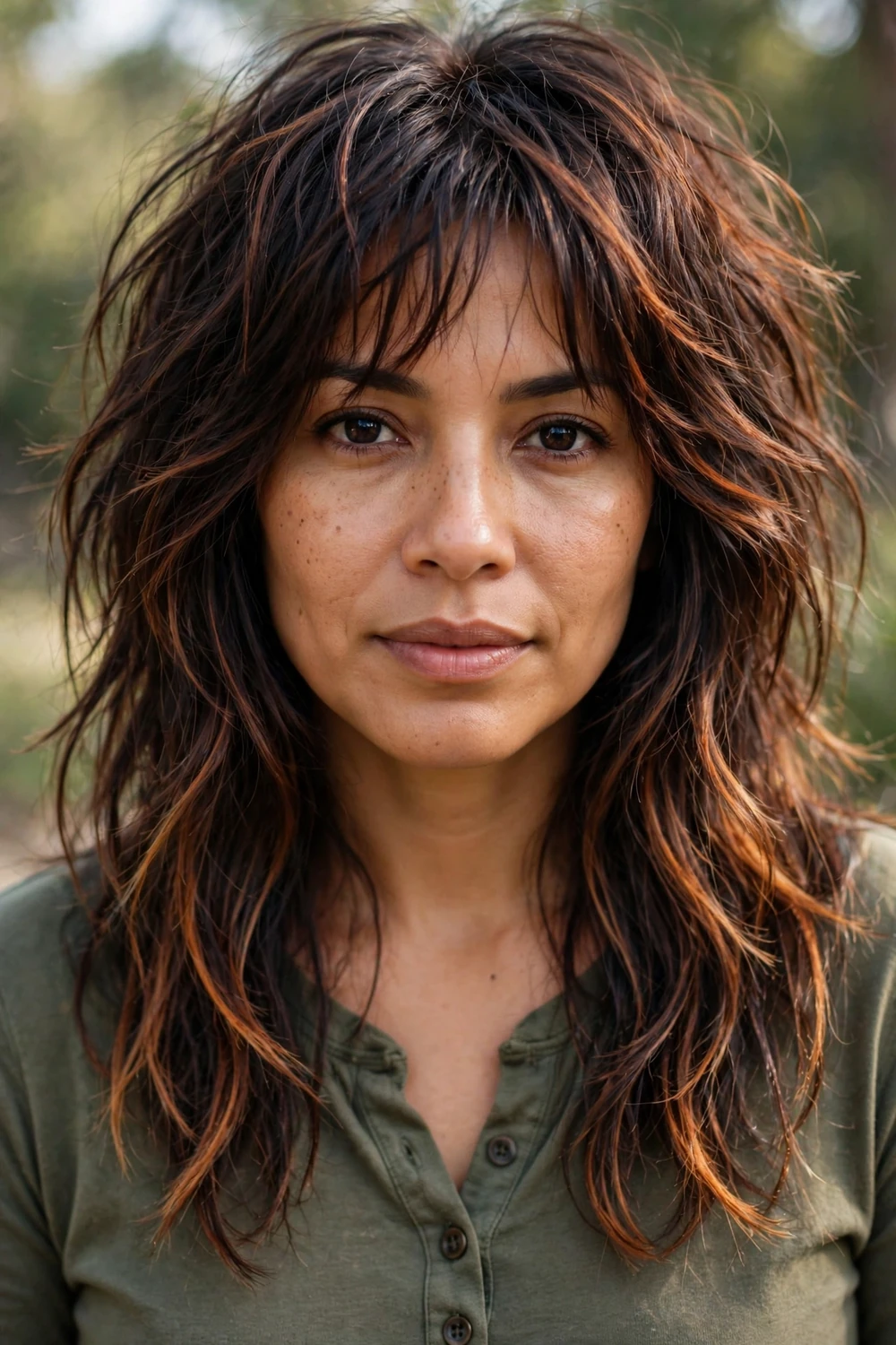 Woman with a modern textured disheveled long shag haircut, visibly choppy disconnected layers and frayed ends
