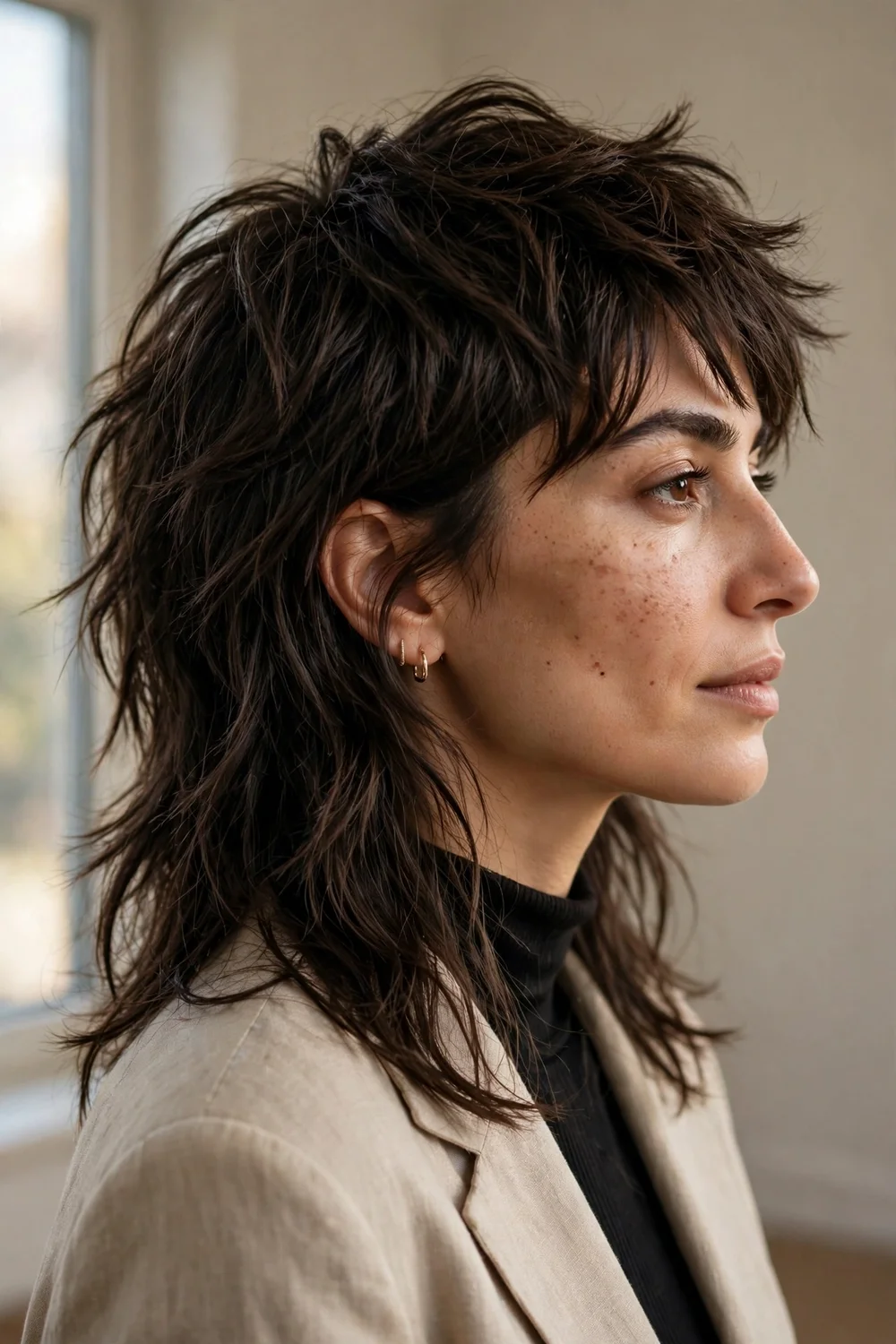 Modern textured wolf cut with sharp uneven layers on dark brown hair