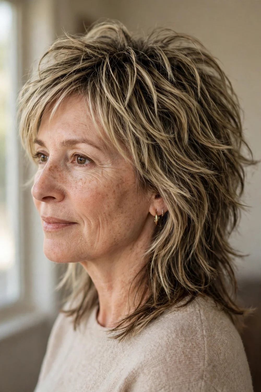 51-year-old woman with dark blonde modern wolf cut, side view
