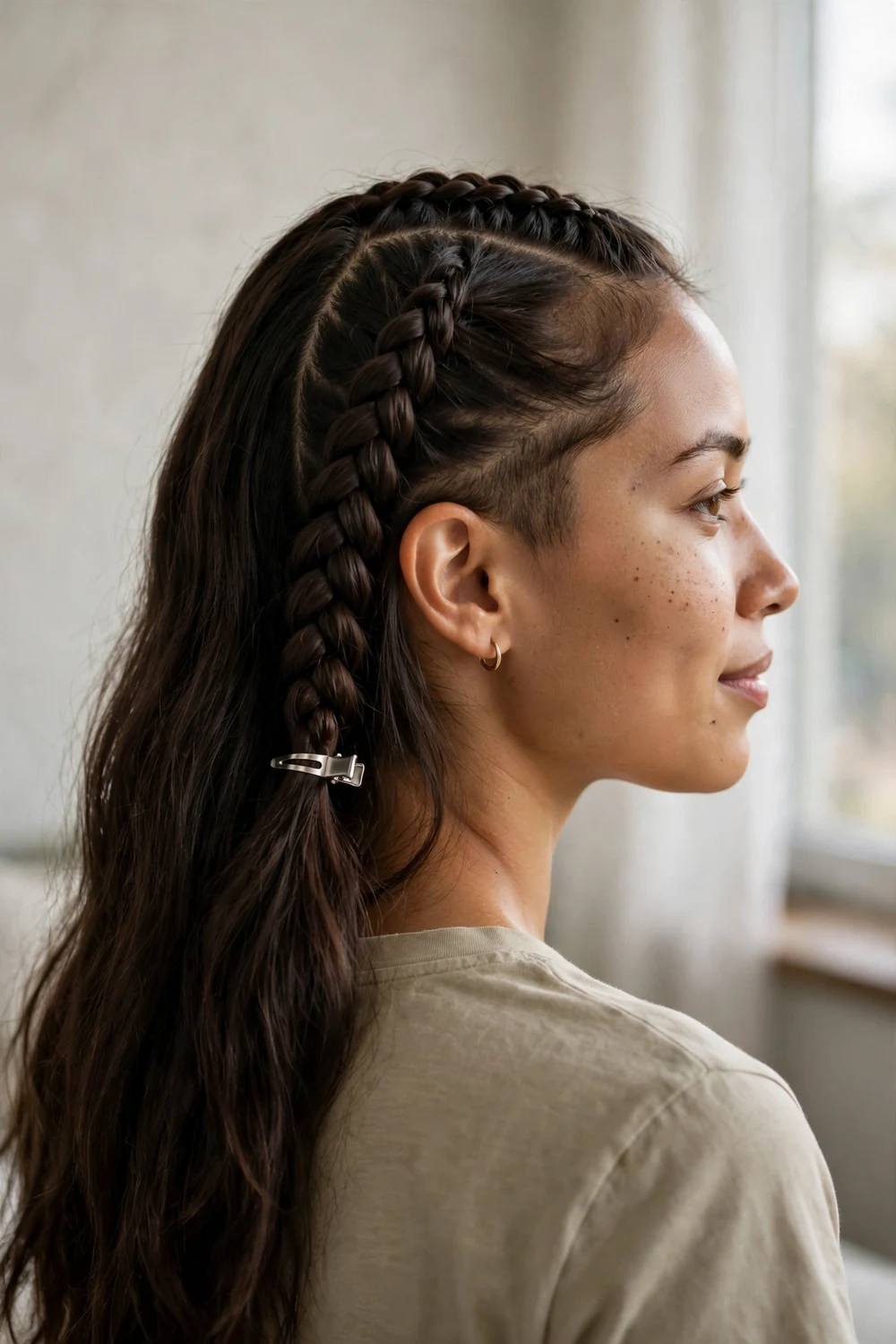 Woman with dark brown long hair in a French mohawk braid down the center secured with a small silver claw clip