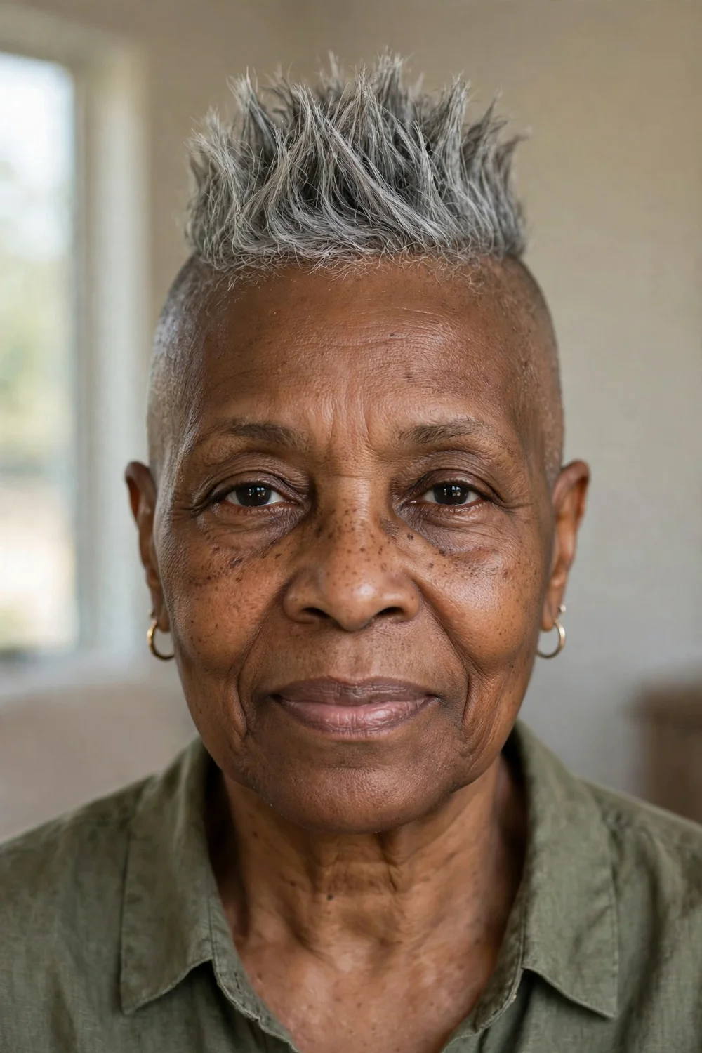 Older Black woman with a silver mohawk pixie strip and shaved sides