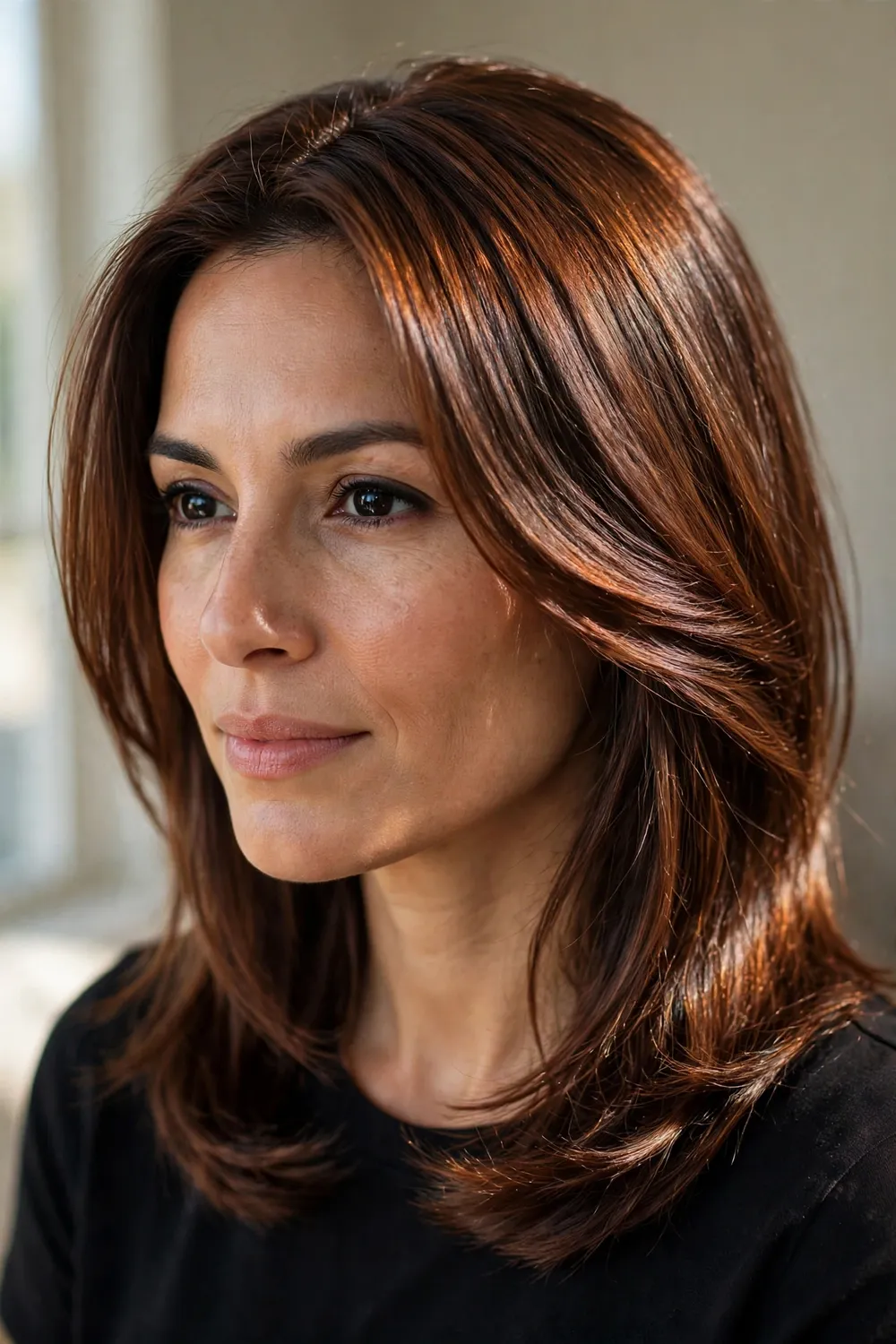 Molten bronze chestnut with deep glossy metallic brunette shine