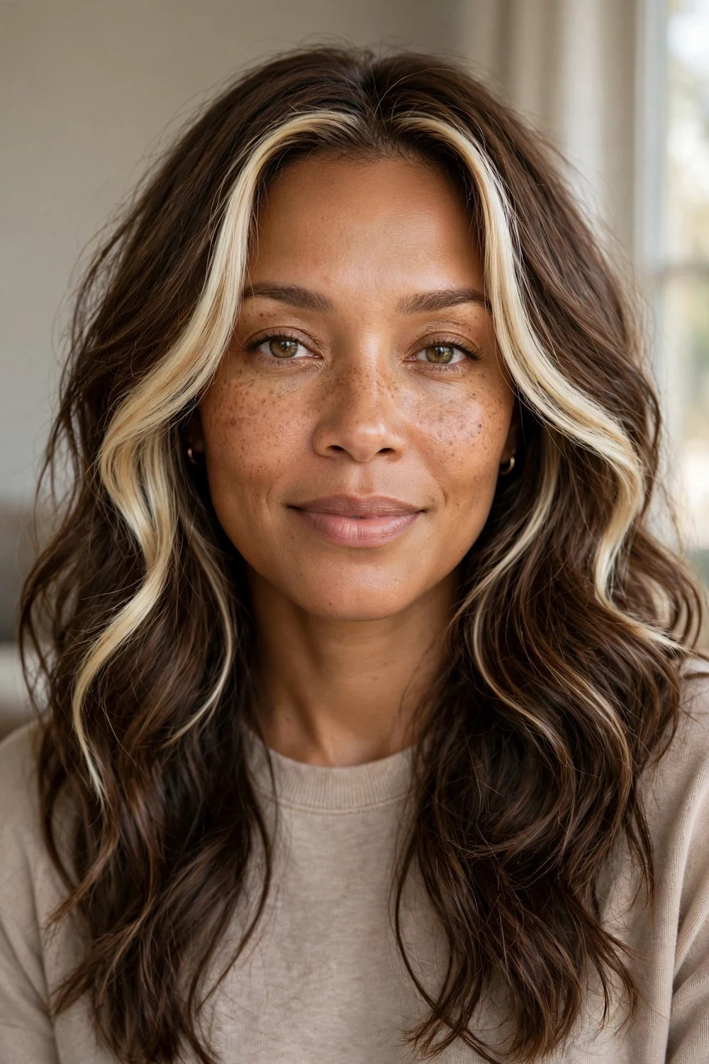 Woman with face-framing money piece balayage, bright blonde sections around the face on brown hair