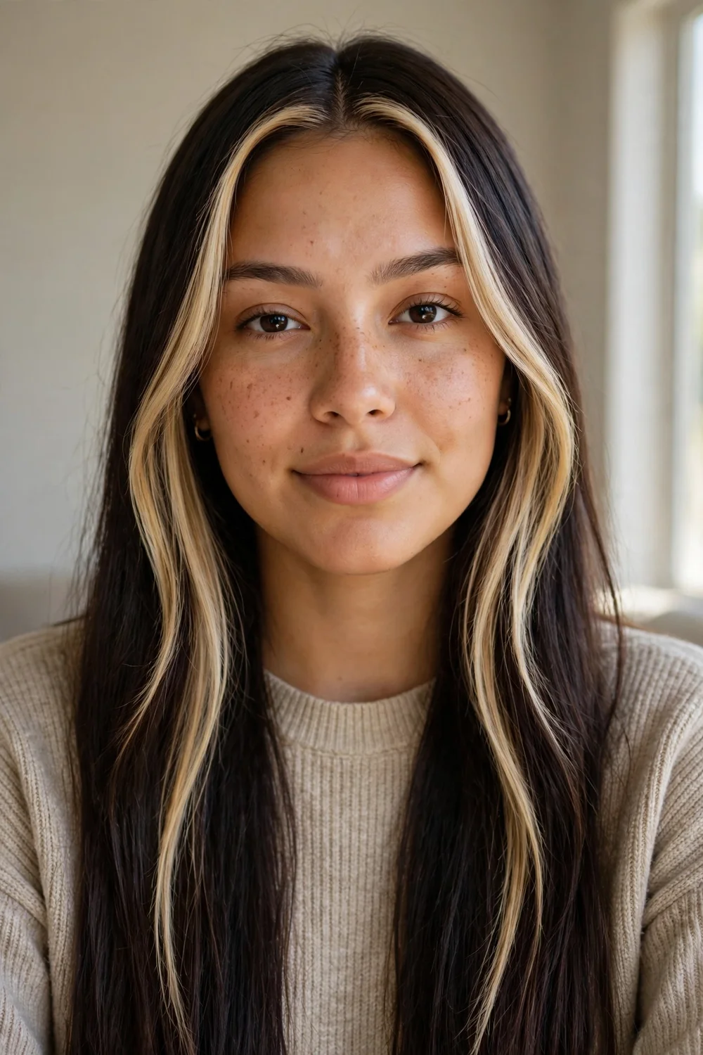 Woman with dark brown long straight hair and bright face-framing money piece balayage
