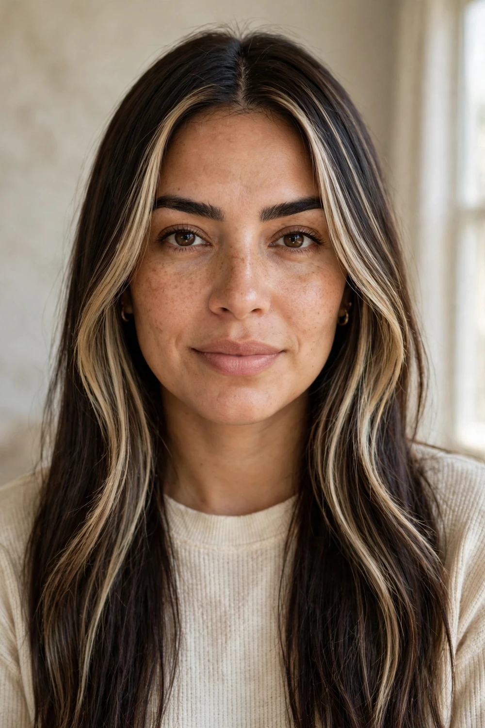 Long straight dark brown hair with blonde money piece balayage framing the face