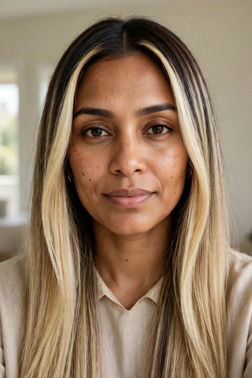 Woman with blonde balayage and bright money piece face-framing highlights