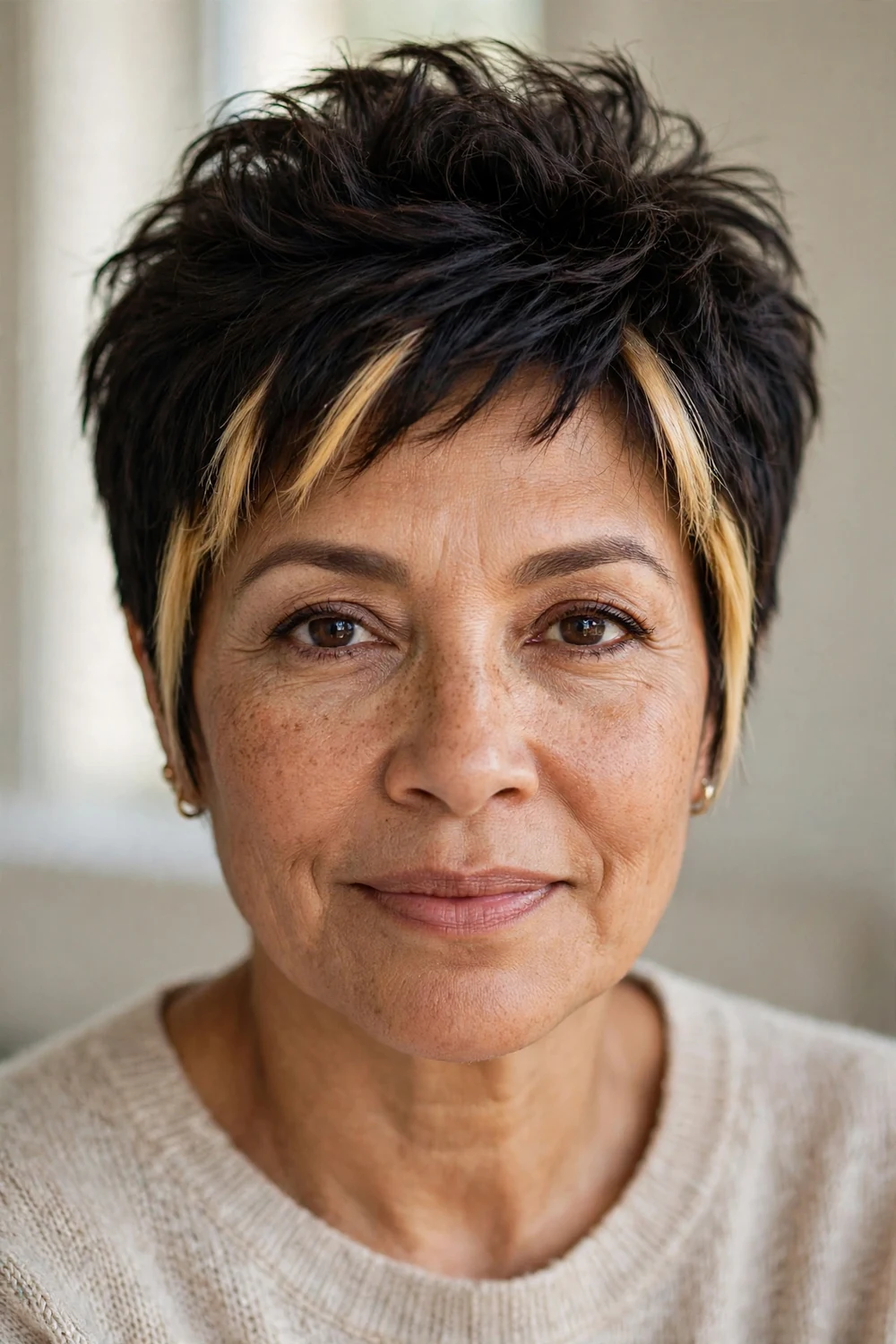 Front view of a pixie with bright money piece highlights on a woman over 50 with thin dark hair