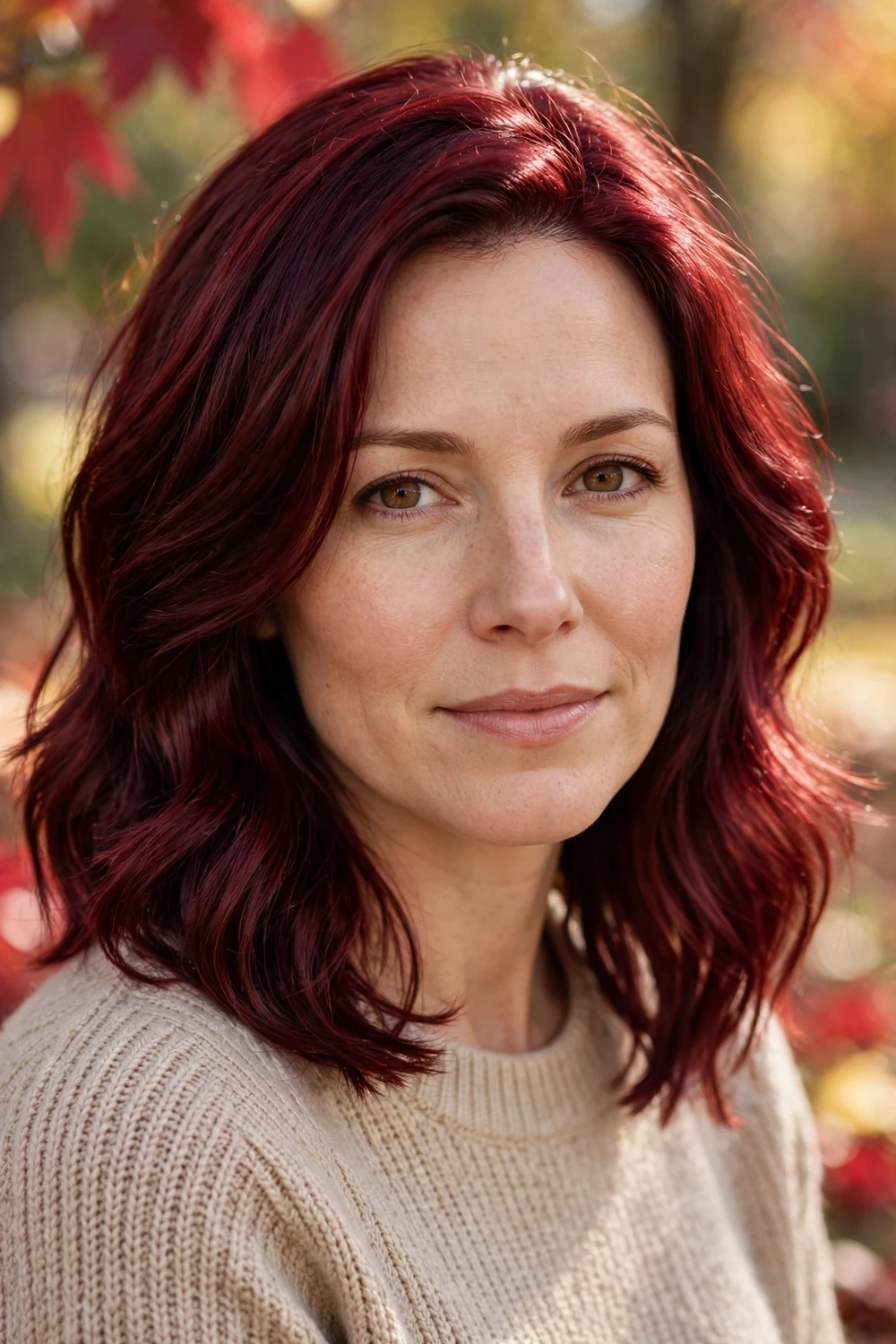 Woman with mulled wine fall hair color