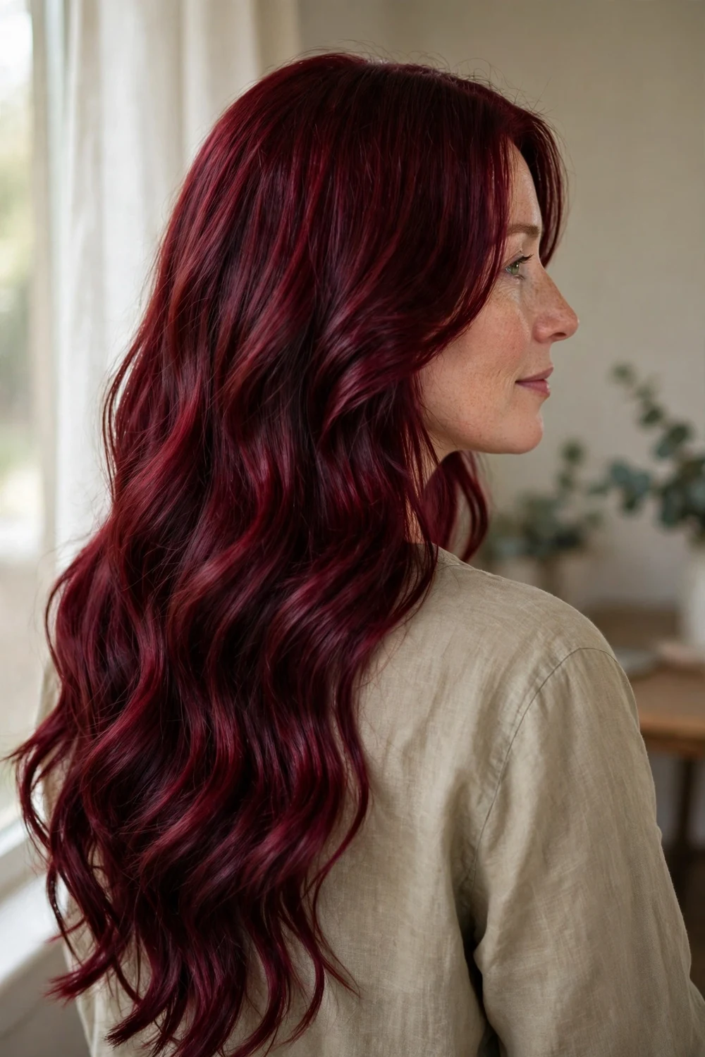 Rich mulled wine red long hair in a deep burgundy shade