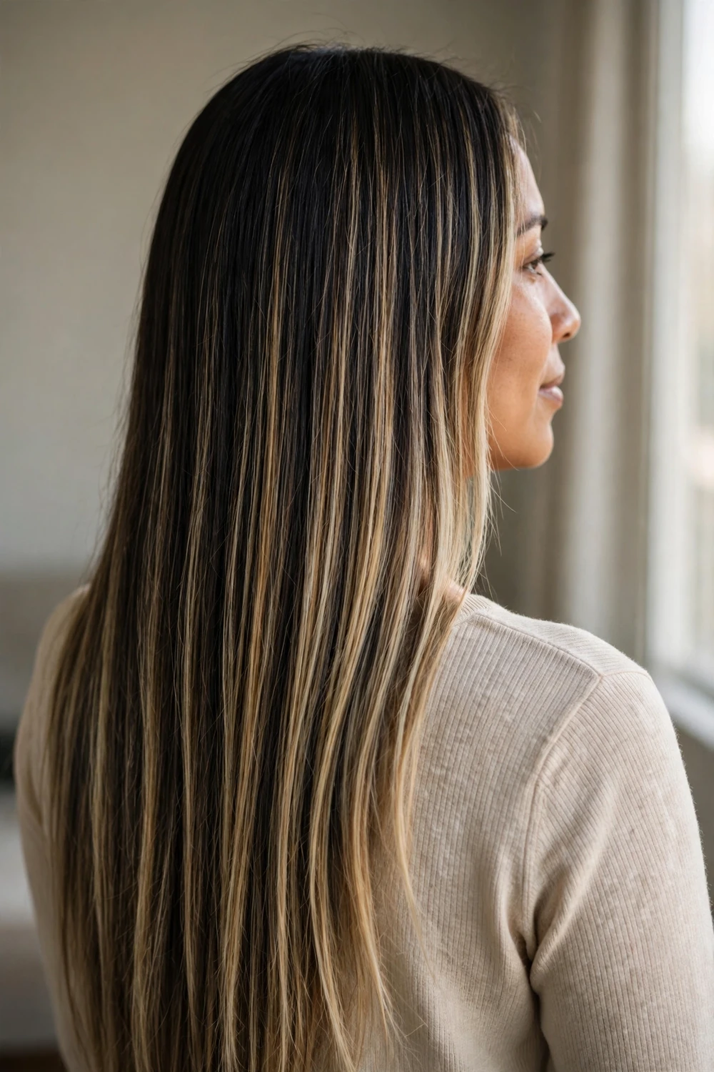 Very long straight dark hair with multi-tonal blonde balayage seen from behind