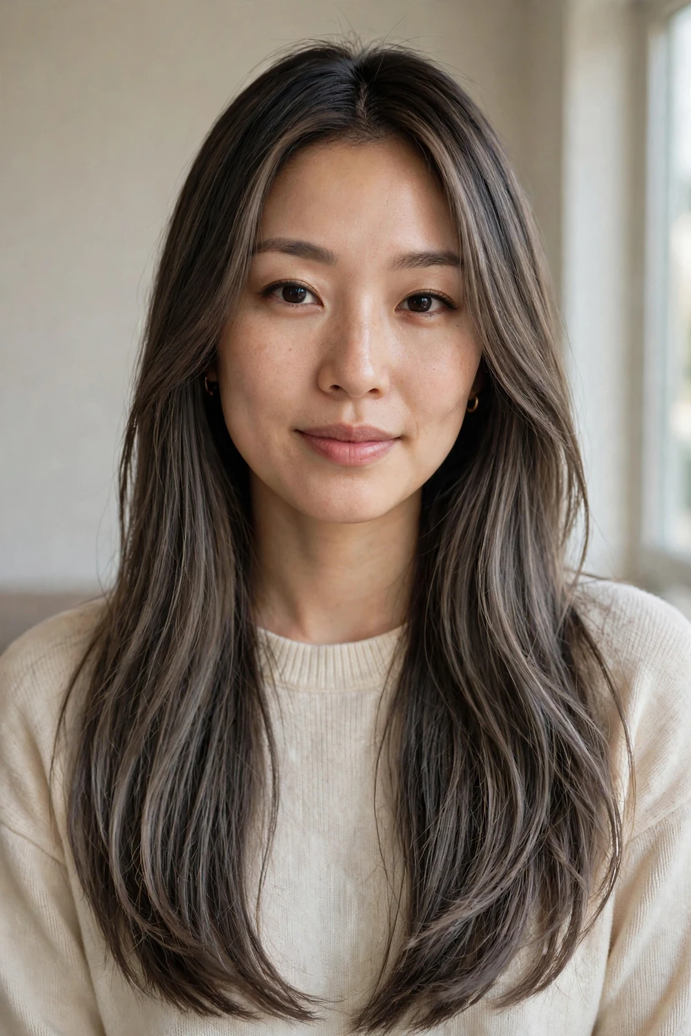 Long straight hair with mushroom ash brown balayage, cool smoky brown tones