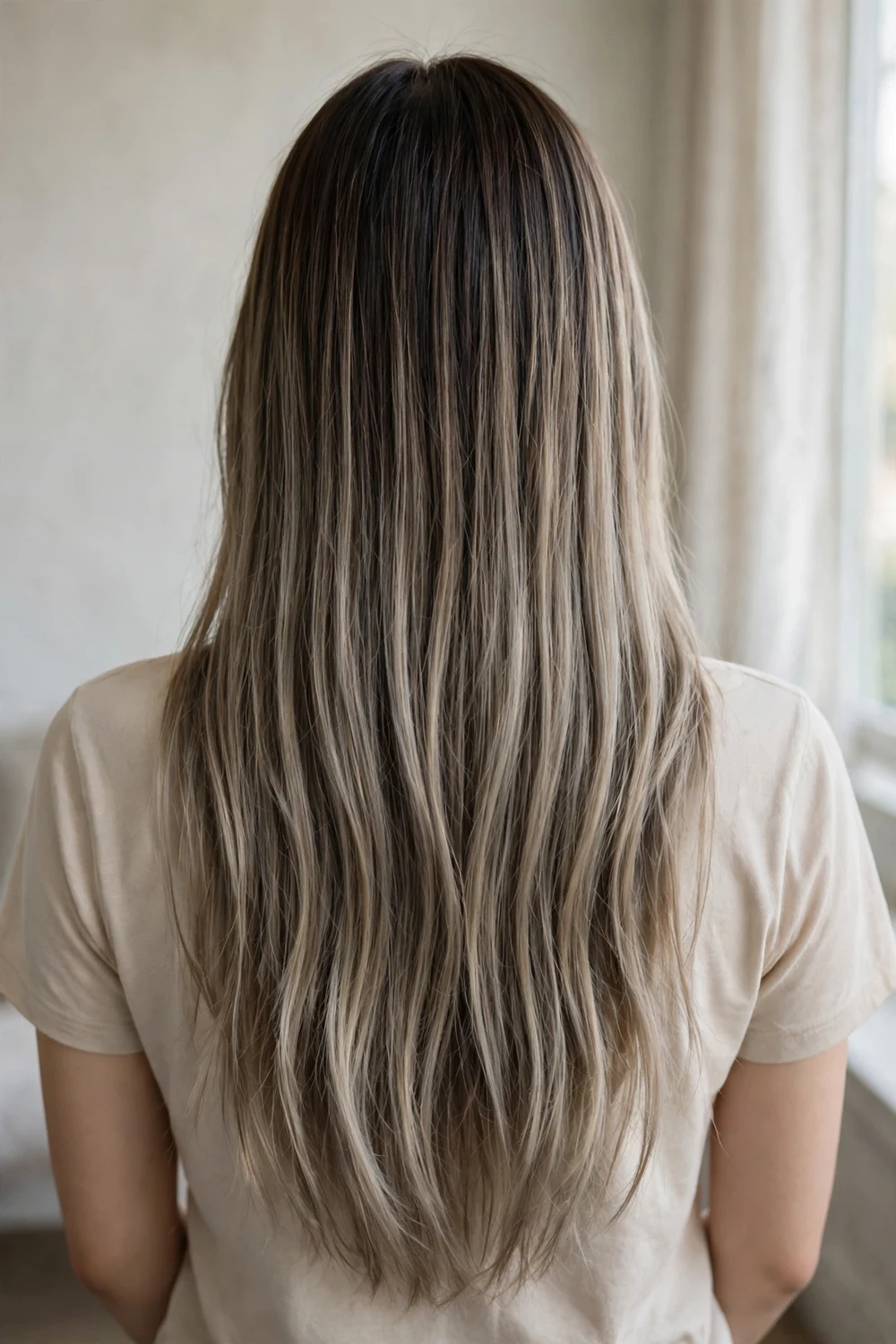 Woman with mushroom blonde balayage on brown hair, cool taupe blonde tones over a dark brown base