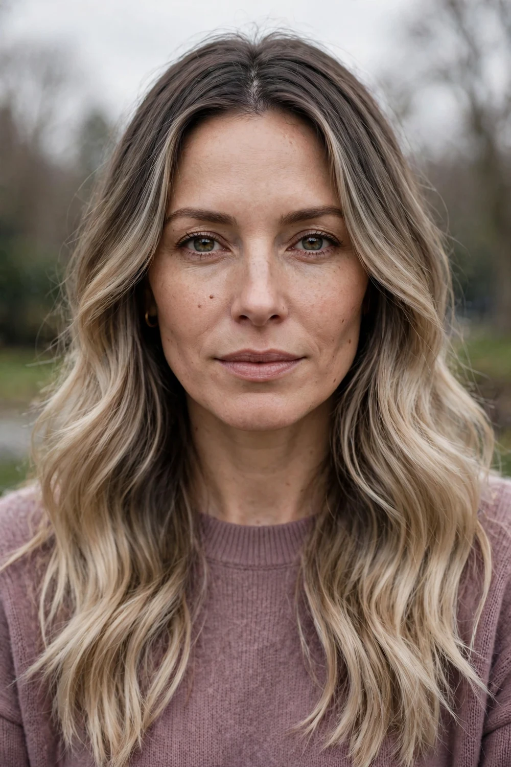 Woman with ashy mushroom blonde roots melting into lighter blonde ends