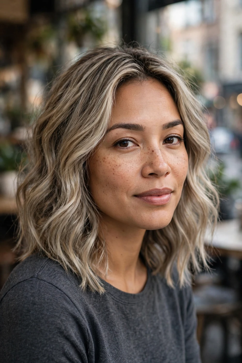Mixed-race woman in her early 30s with textured wavy medium-length dirty blonde hair and cool mushroom blonde highlights