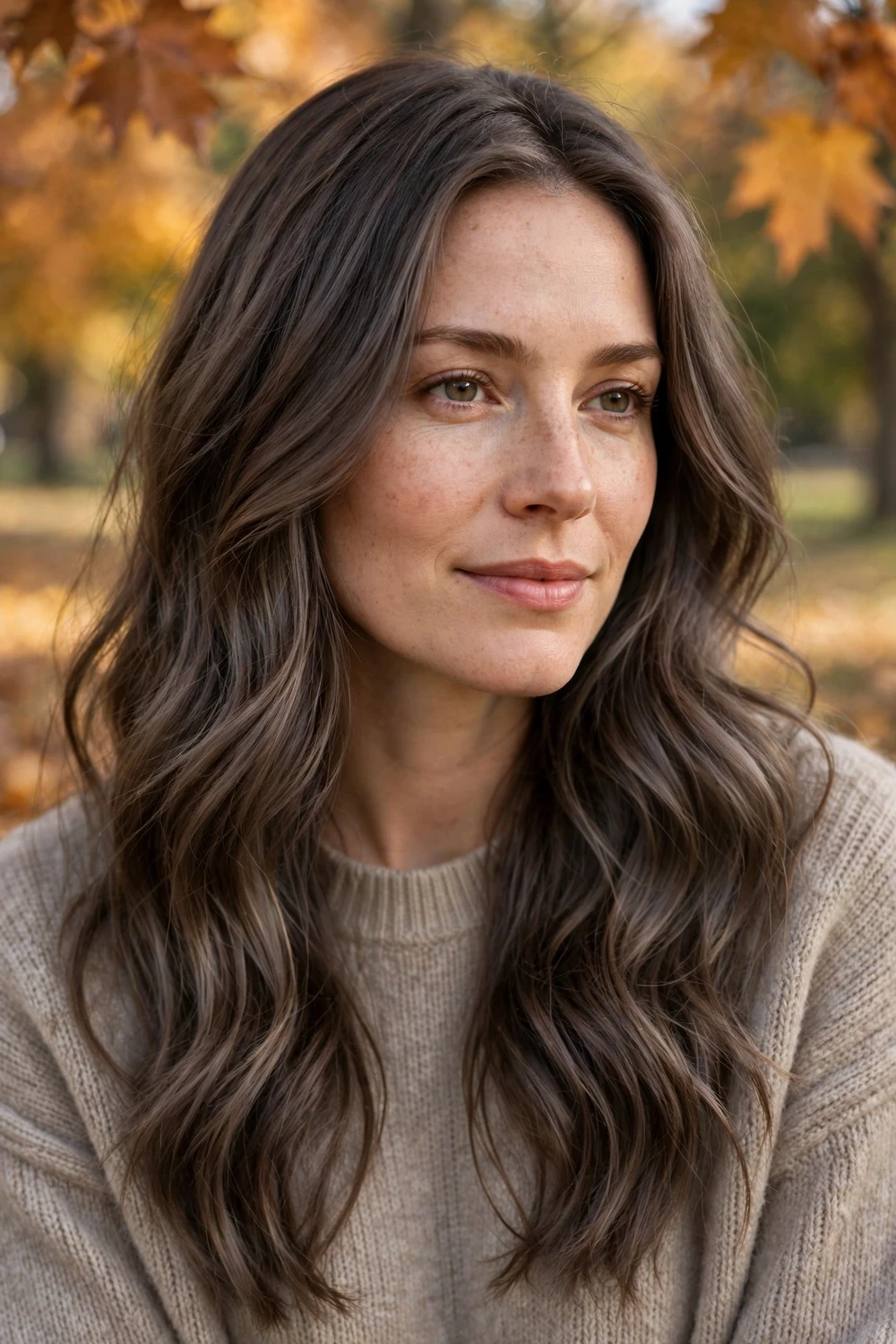 Woman with mushroom brown fall hair color