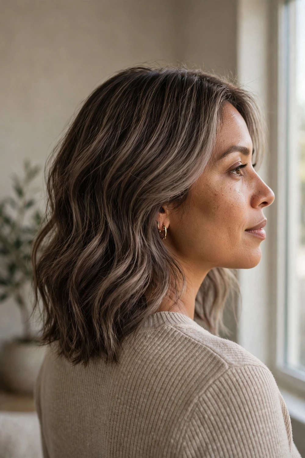 Woman with mushroom brown hair in a cool taupe-brown smoky shade