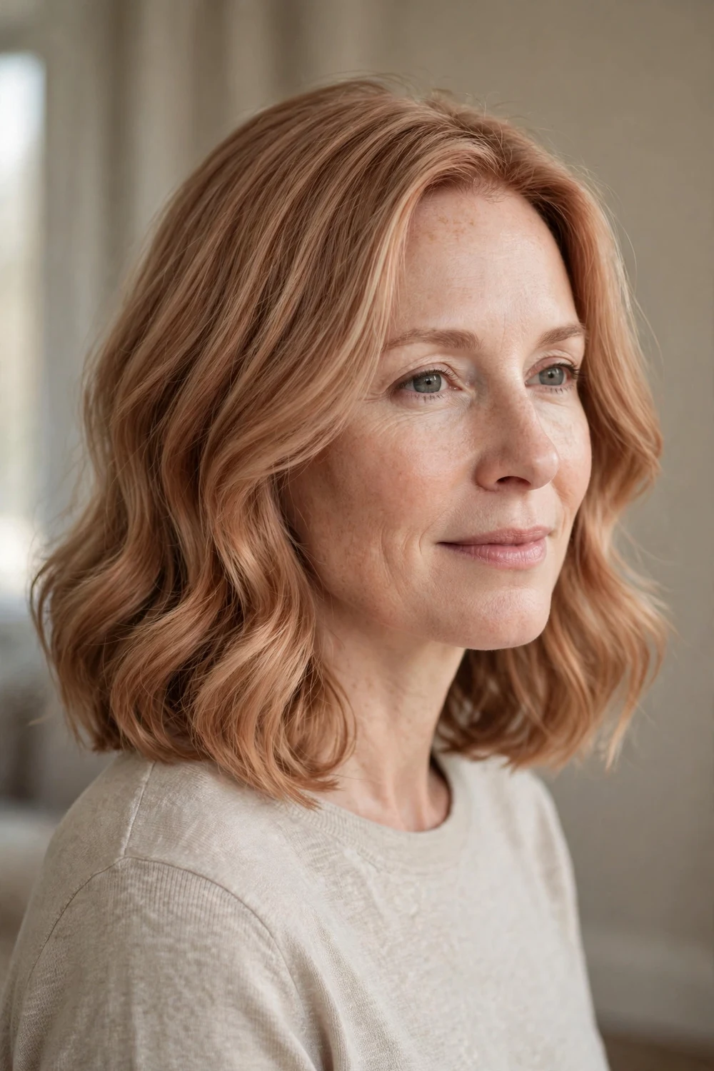 Muted ginger-copper blonde shoulder-length lob with soft waves