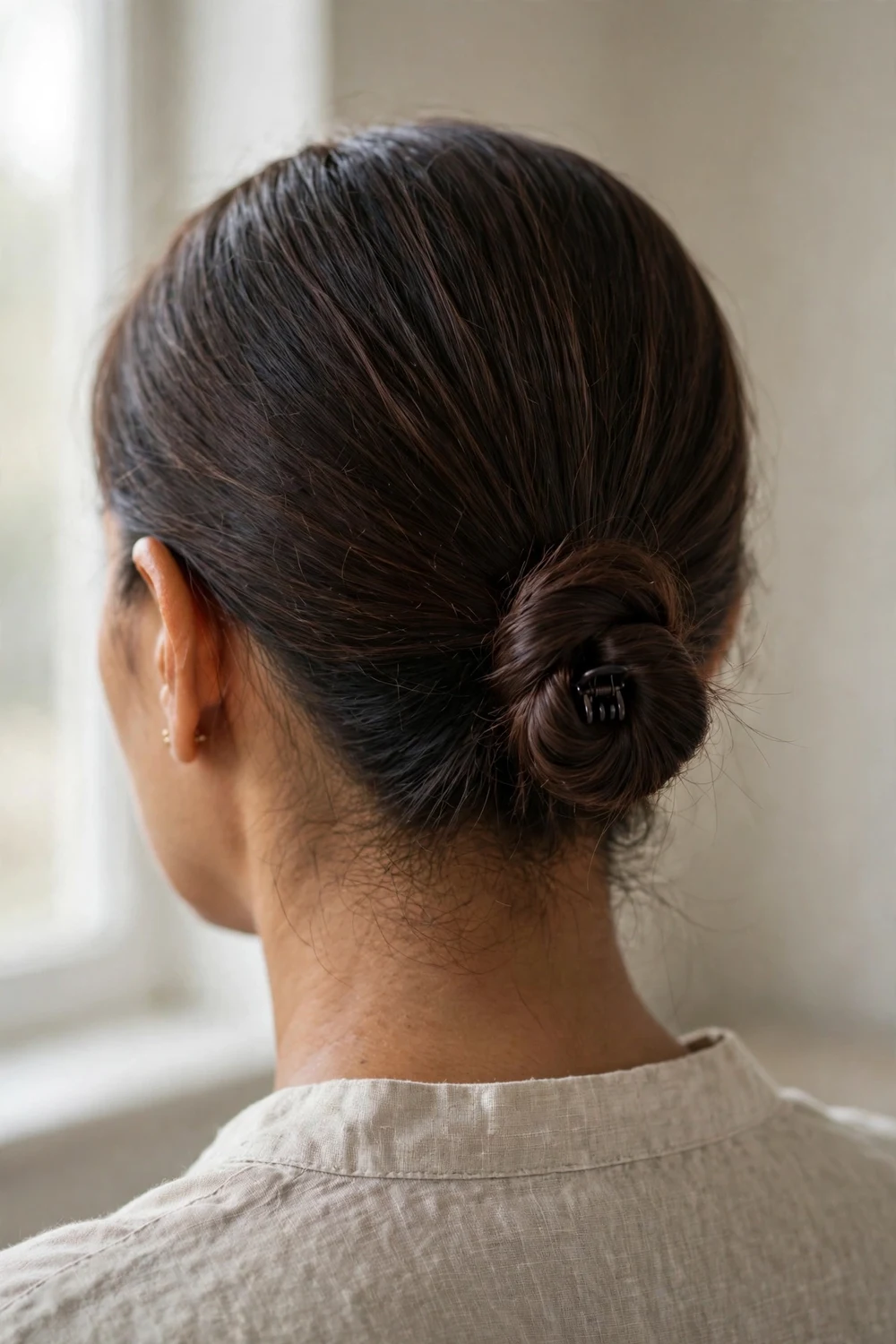 Small nape twist with tiny dark claw clip on thin fine dark brown hair