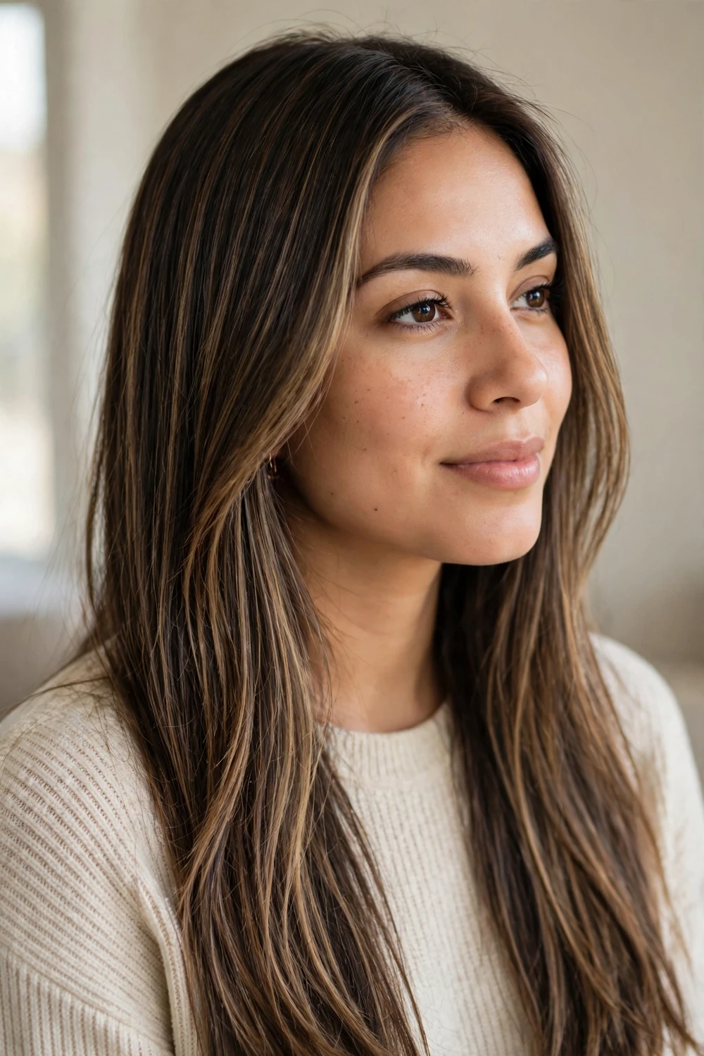 Long straight brunette hair with delicate natural babylights balayage