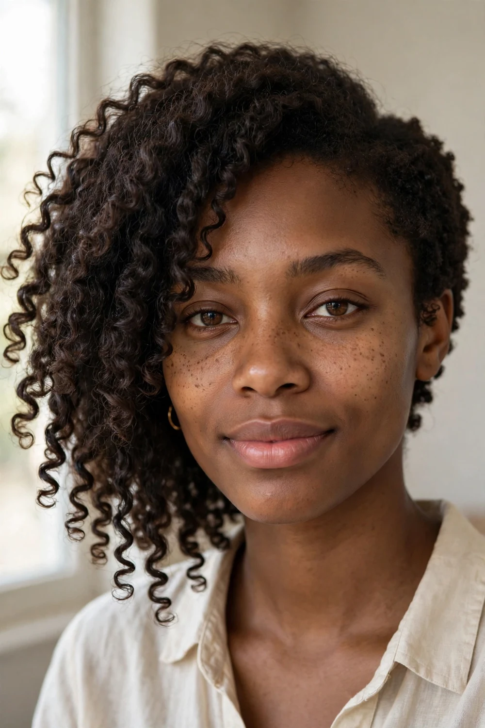 Black woman with natural coily asymmetrical bob, longer coils falling near the chin on one side