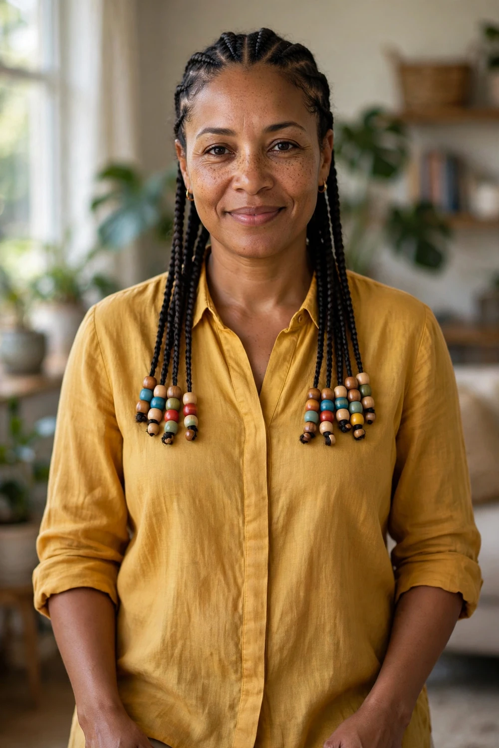 Natural cornrows decorated with beads on a Black woman