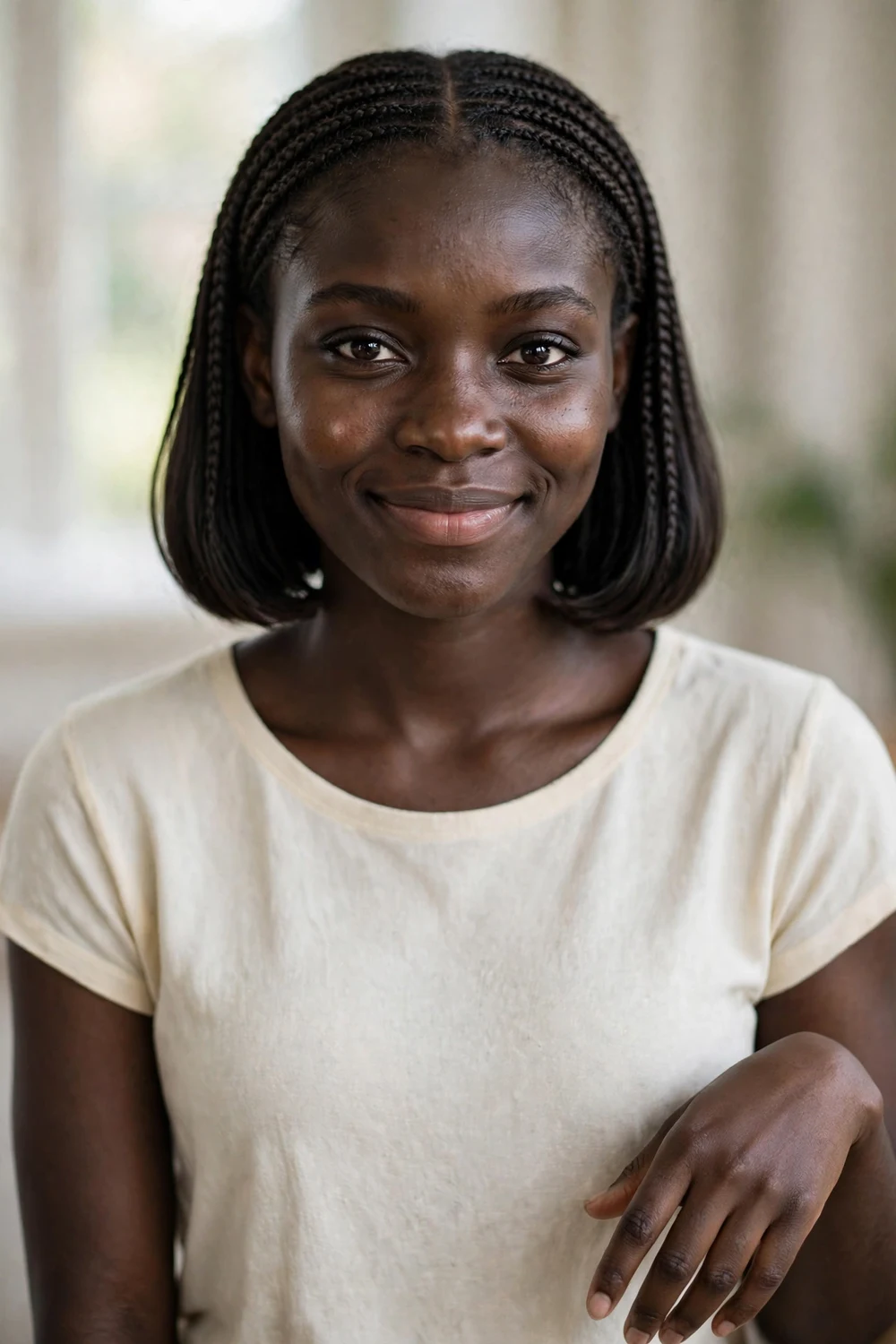Cornrow braided bob in natural hair on a Black woman