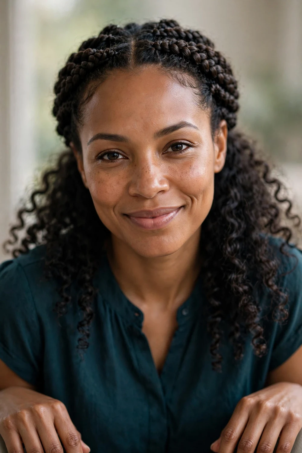 Natural cornrows with curls left out at the back on a Black woman
