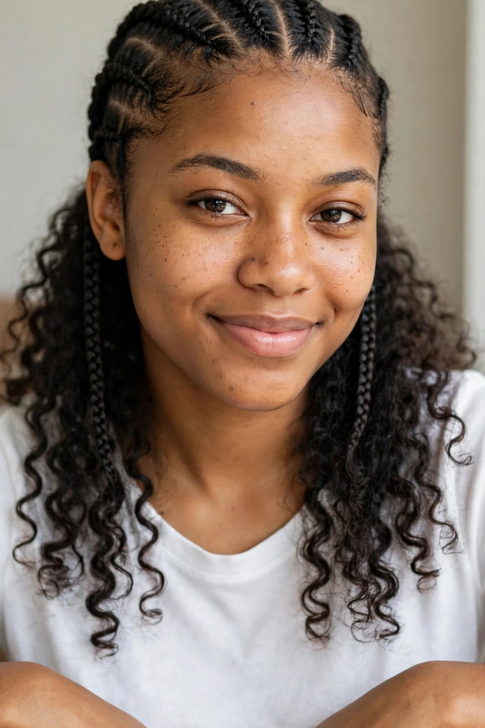 Natural cornrows with curly unbraided ends on a Black woman