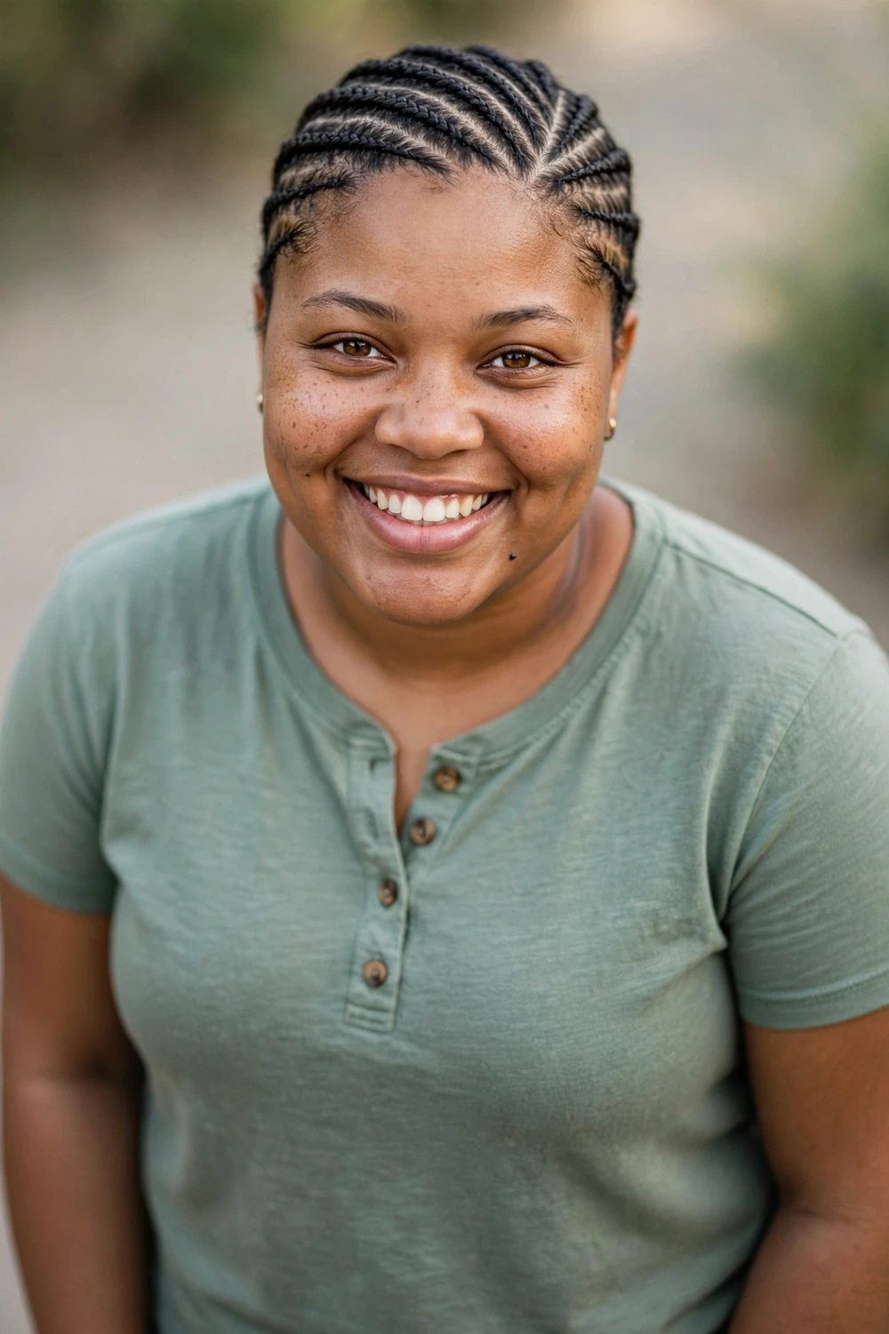 Diagonal natural cornrows braided across the scalp on a Black woman