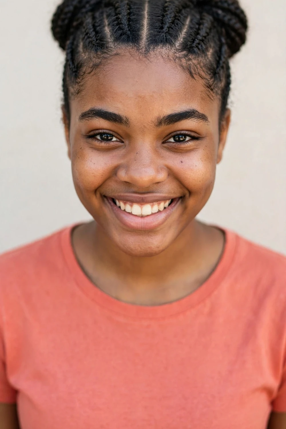 Natural cornrows gathered into double buns on a Black woman