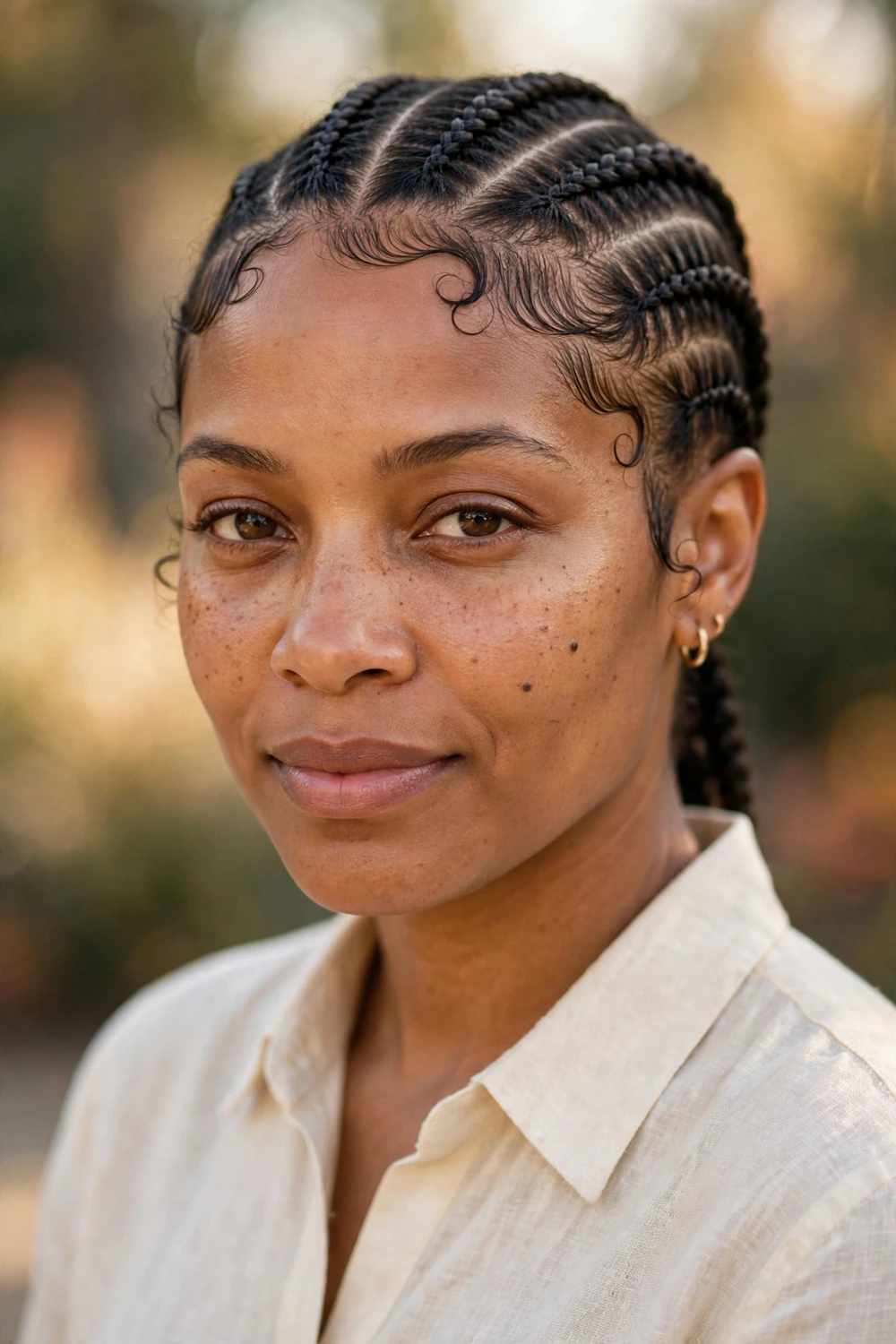 Natural cornrows with sculpted baby hair edge designs on a Black woman