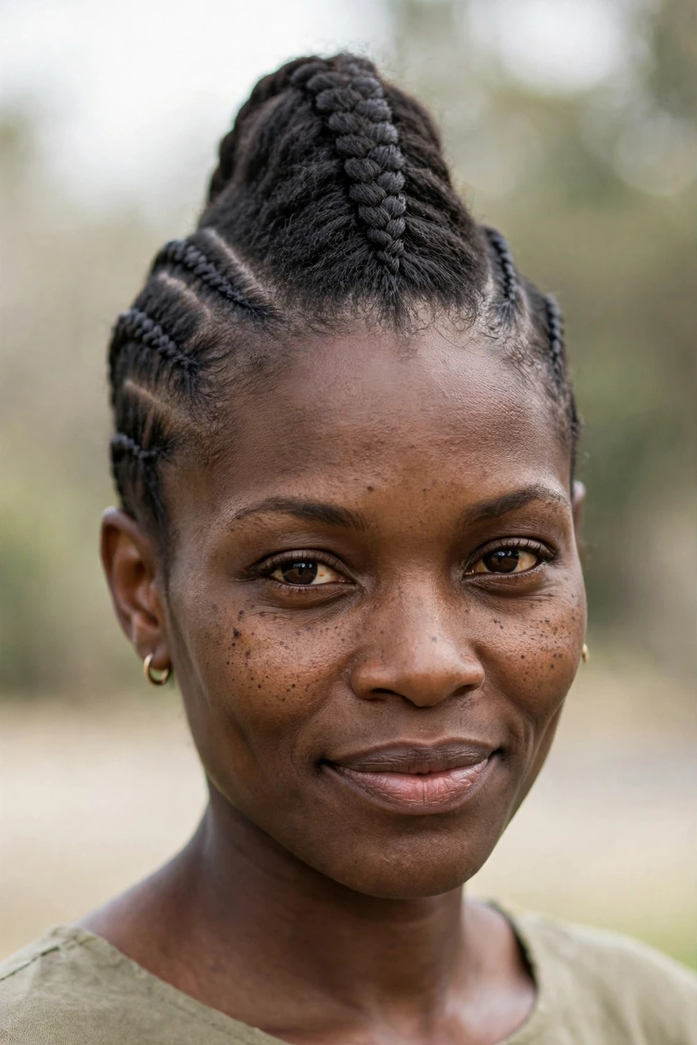 Cornrow fauxhawk with tall center rows on a Black woman