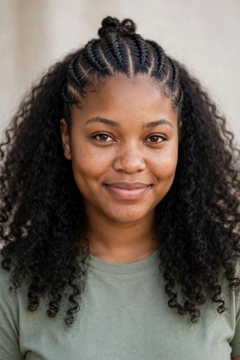 Half-up half-down natural cornrows on a Black woman
