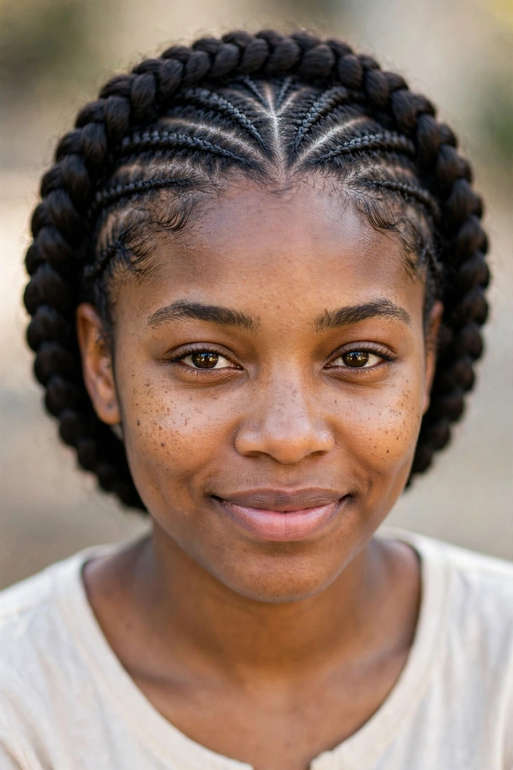 Halo crown natural cornrow circling the hairline on a Black woman