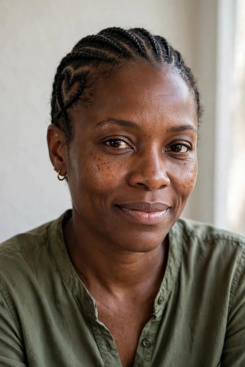 Natural cornrows with a braided heart design detail on a Black woman