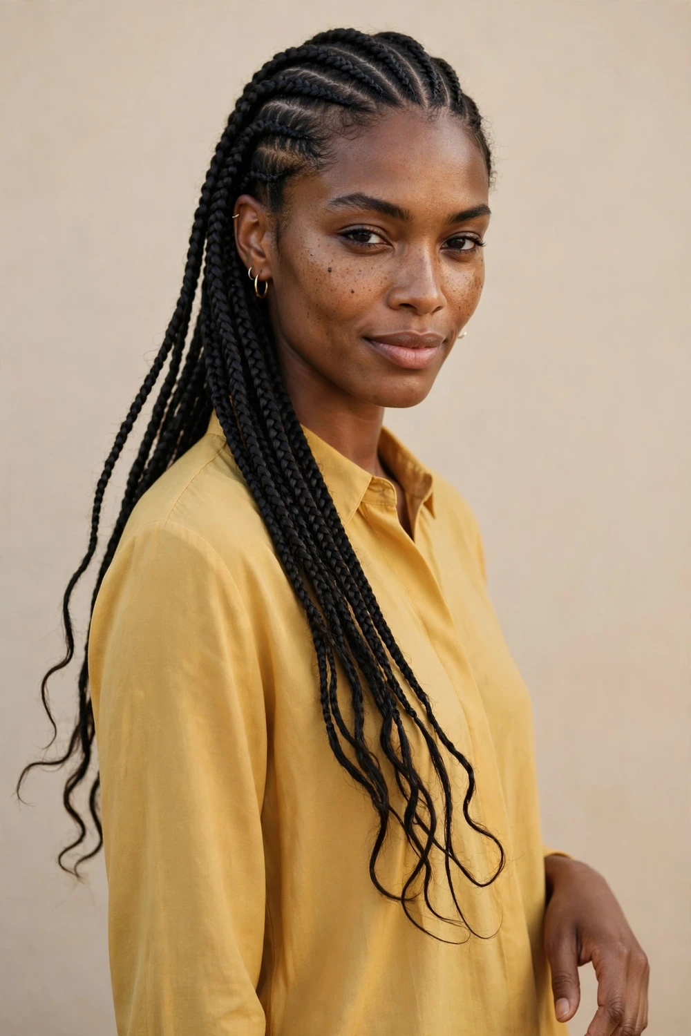 Natural side-swept lemonade cornrows on a Black woman