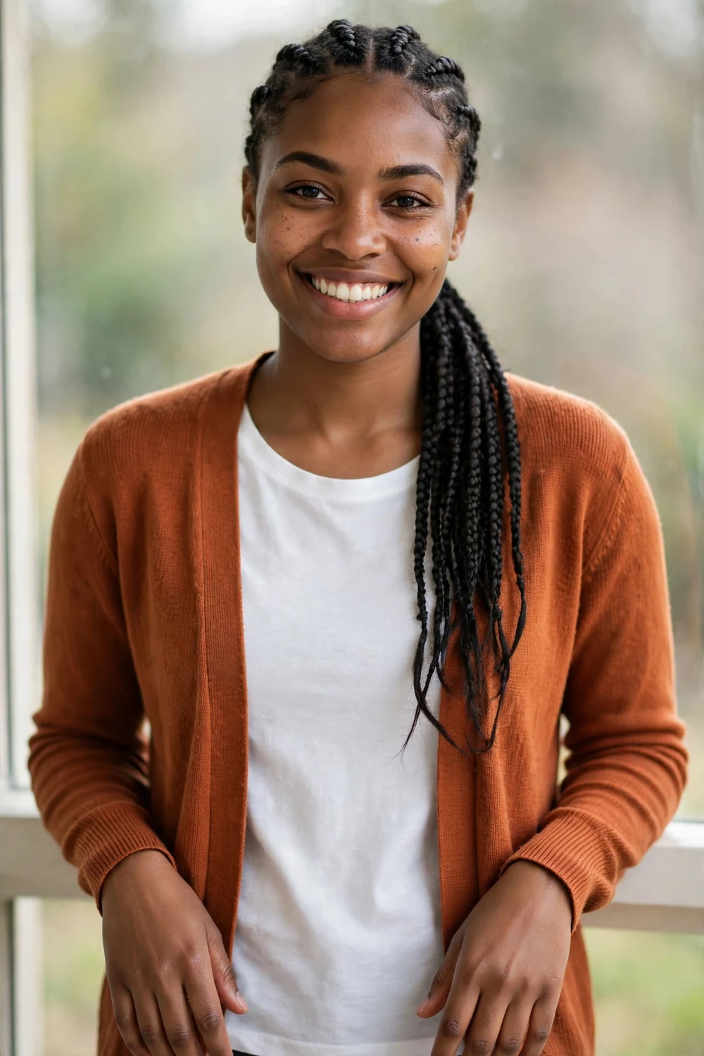 Natural cornrows gathered into a low ponytail on a Black woman