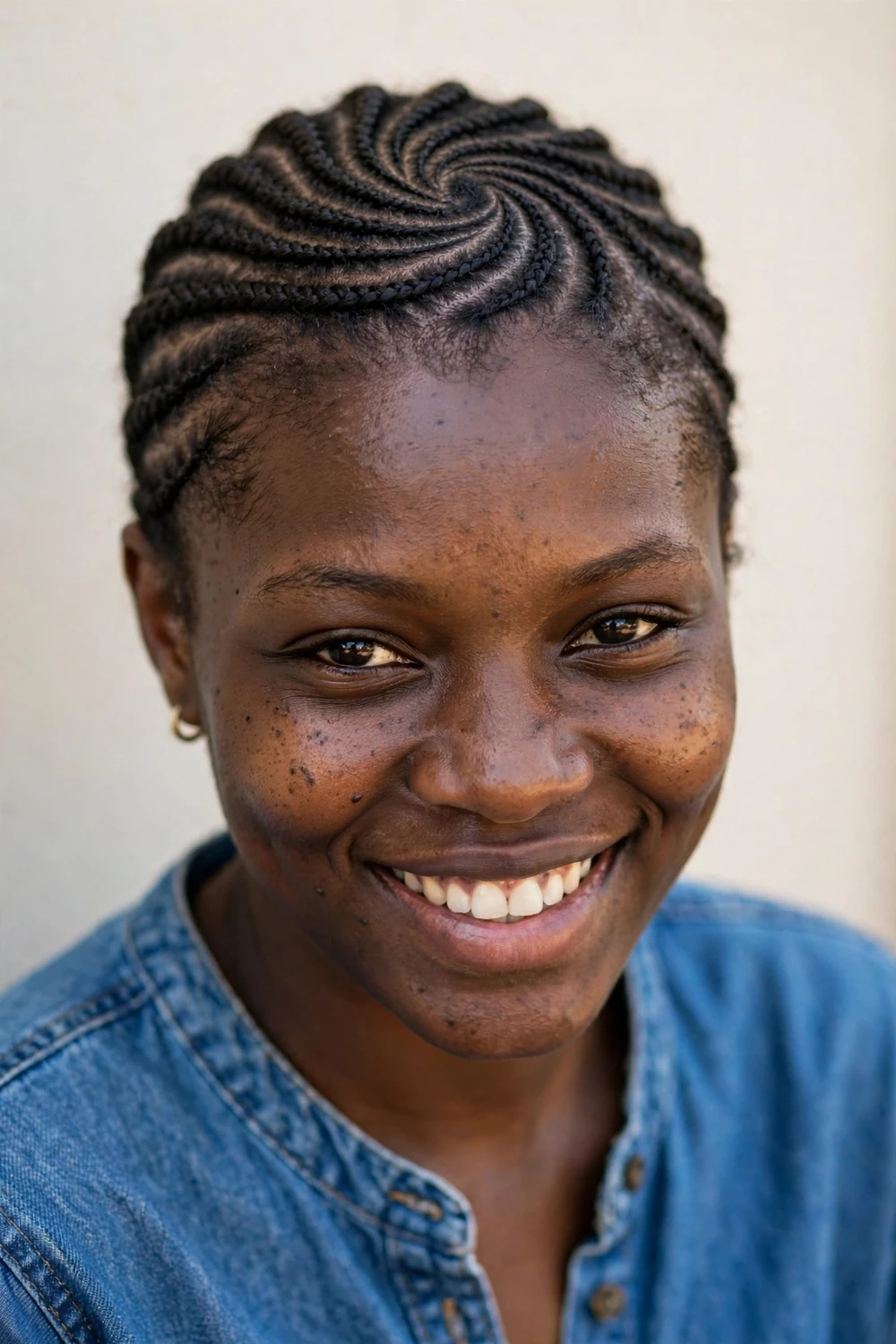 Natural cornrows in a swirl spiral pattern on a Black woman